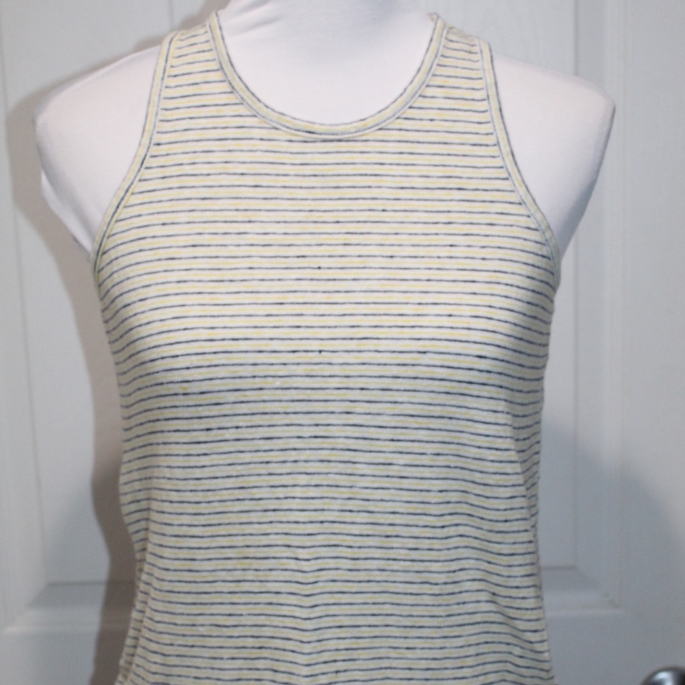 Frame Size S Striped 70s Tee T Shirt Top White Yellow Blue Sleeveless 100% LINEN